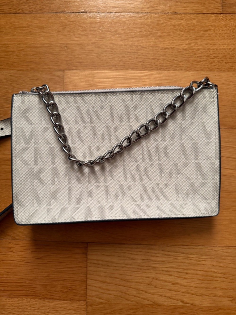 NWT Michael Kors Cream and Tan Logo Belt Bag with Silver Chain pull